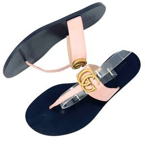 Gucci Shoes Sandals Marmont GG Logo Thong Flats Pink Black Gold Monogram 38.5